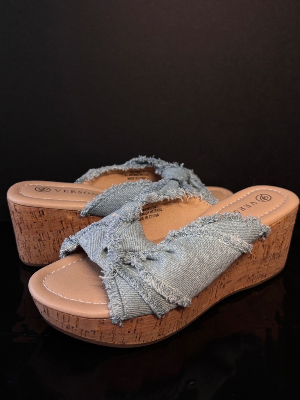 Denim Cork Wedge Slides Frayed Sandals Size 6 Boho Summer